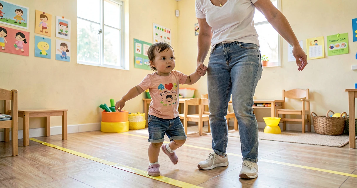 plano de aula equilíbrio em um pé só: criança da creche equilibrando em um pé sobre linha