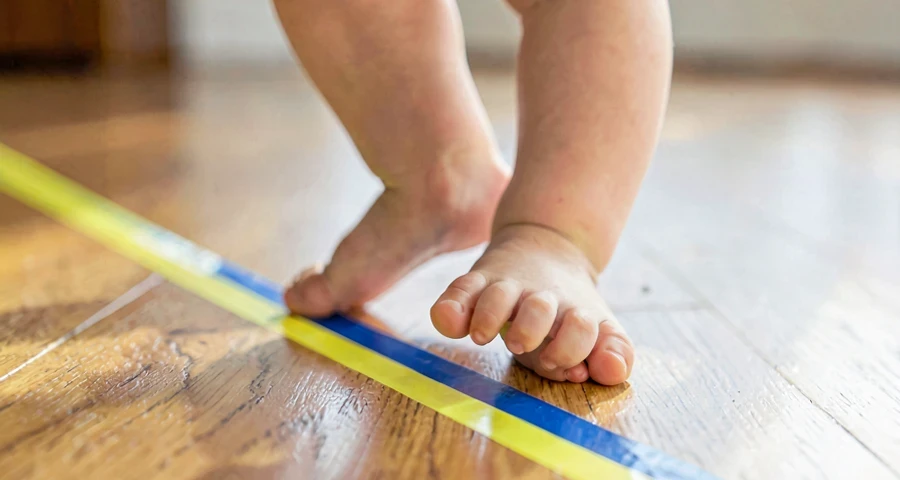 criança da creche equilibrando em um pé durante atividade motora na creche