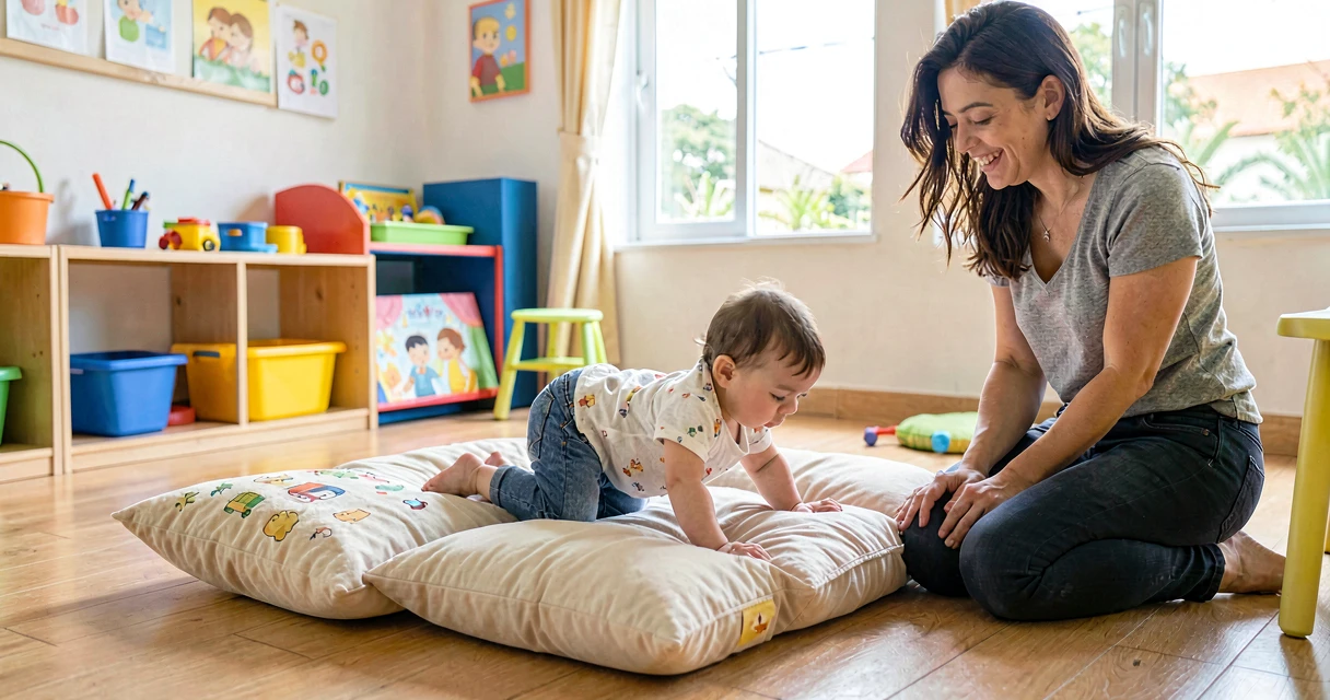 plano de aula morrinho de almofadas: bebê da creche escalando pequena elevação de almofadas