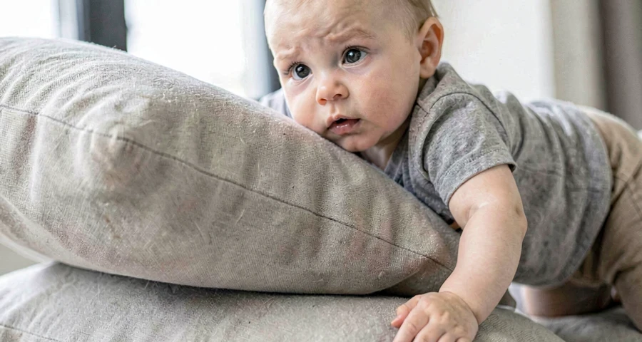 bebê escalando morrinho de almofadas durante atividade motora na creche