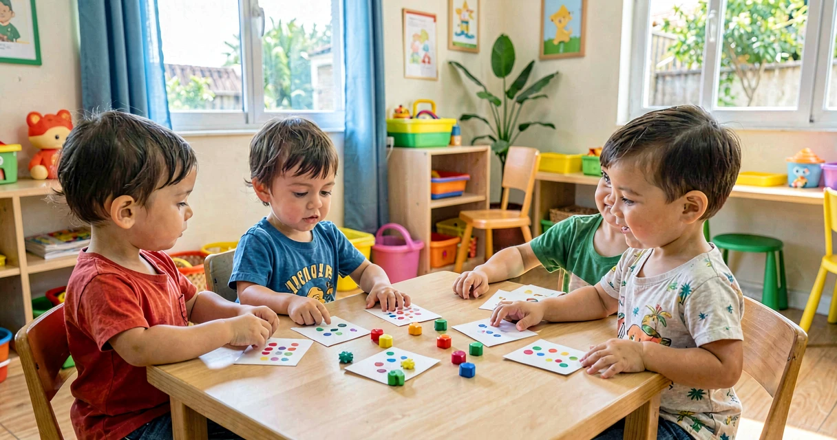 plano de aula cartão com o número certo: crianças da creche associando cartões com pontinhos a objetos