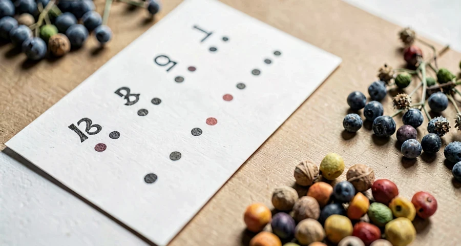 cartões com pontinhos e objetos usados em atividade matemática na creche