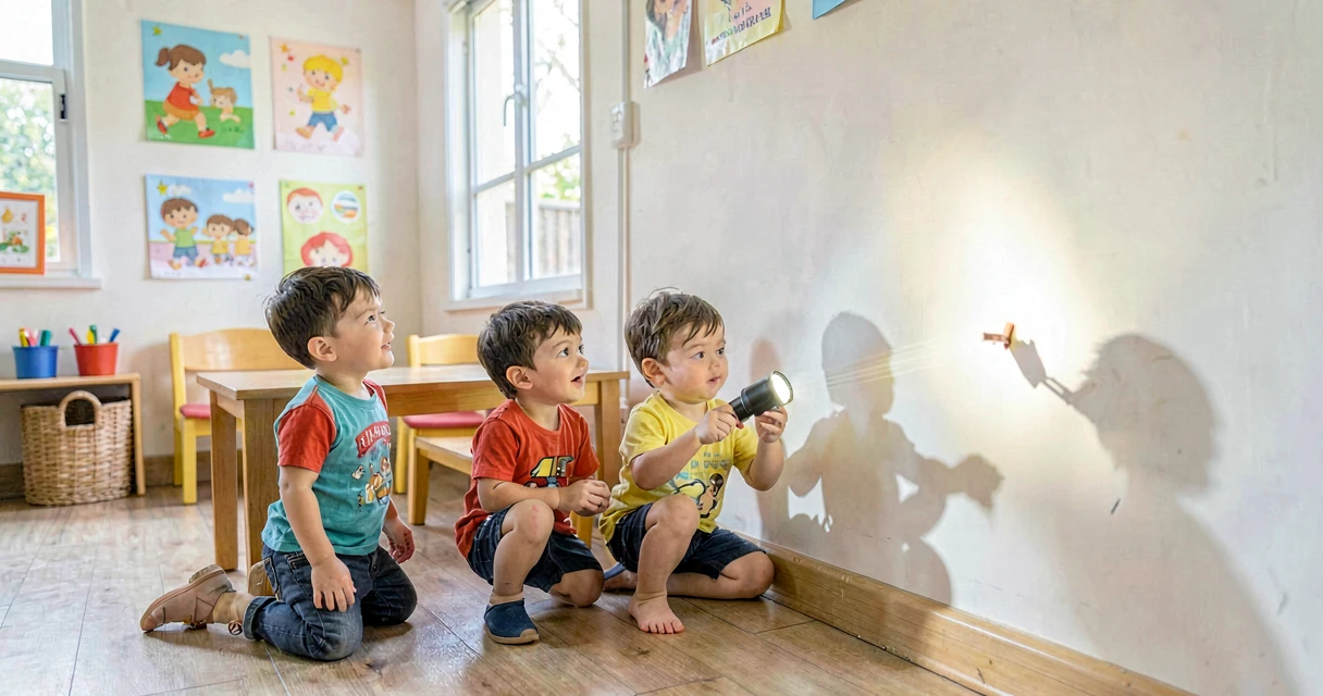 plano de aula objeto e sua sombra: crianças da creche observando sombra de objeto projetada