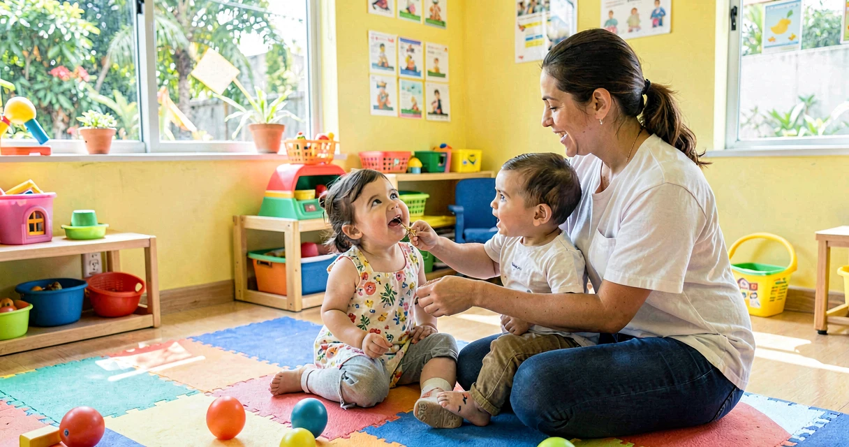 plano de aula escondendo o rosto: educadora brincando de esconder o rosto com bebê