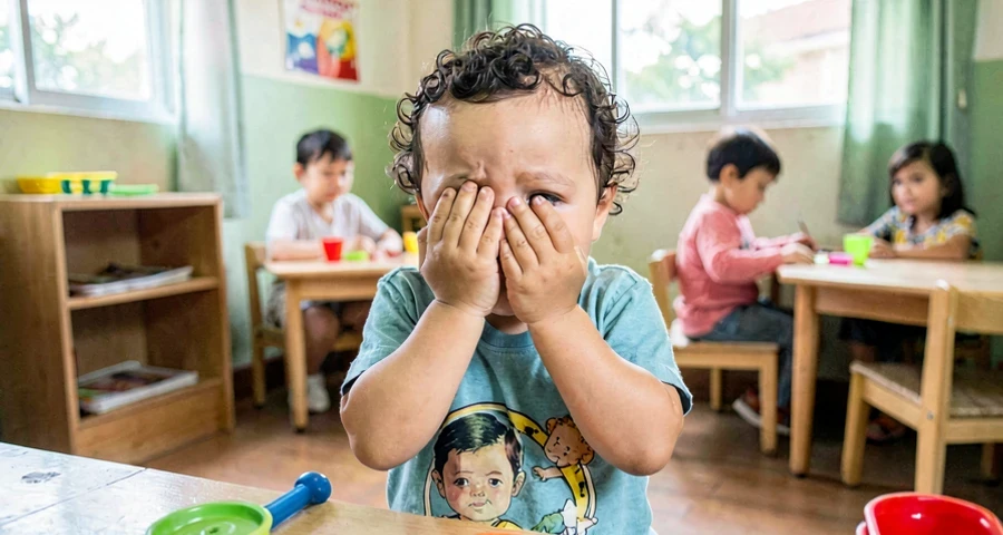 bebê cobrindo o próprio rosto durante brincadeira interativa na creche
