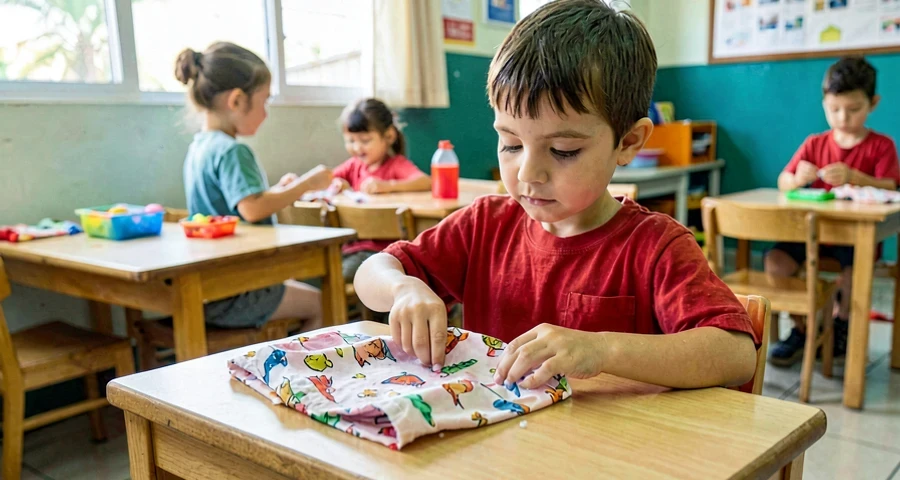 mãos de criança esfregando roupinha de brinquedo em atividade de faz de conta na creche