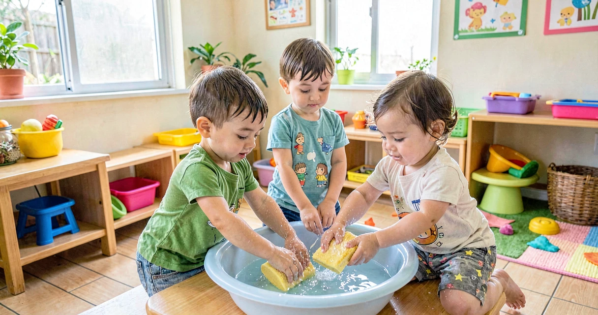 plano de aula espremendo a esponja: crianças da creche espremendo esponja com água