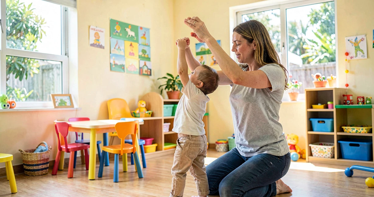 plano de aula esticando os braços: educadora ajudando bebê a esticar os braços na creche