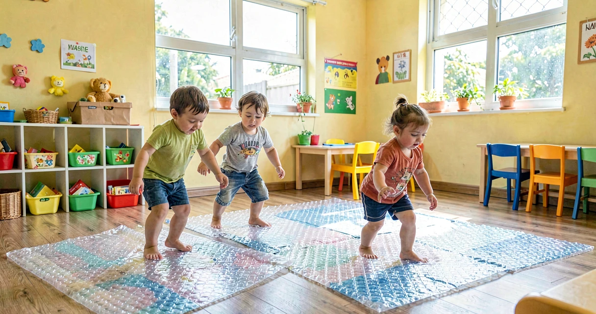 plano de aula plástico bolha: crianças da creche pisando em folha de plástico bolha