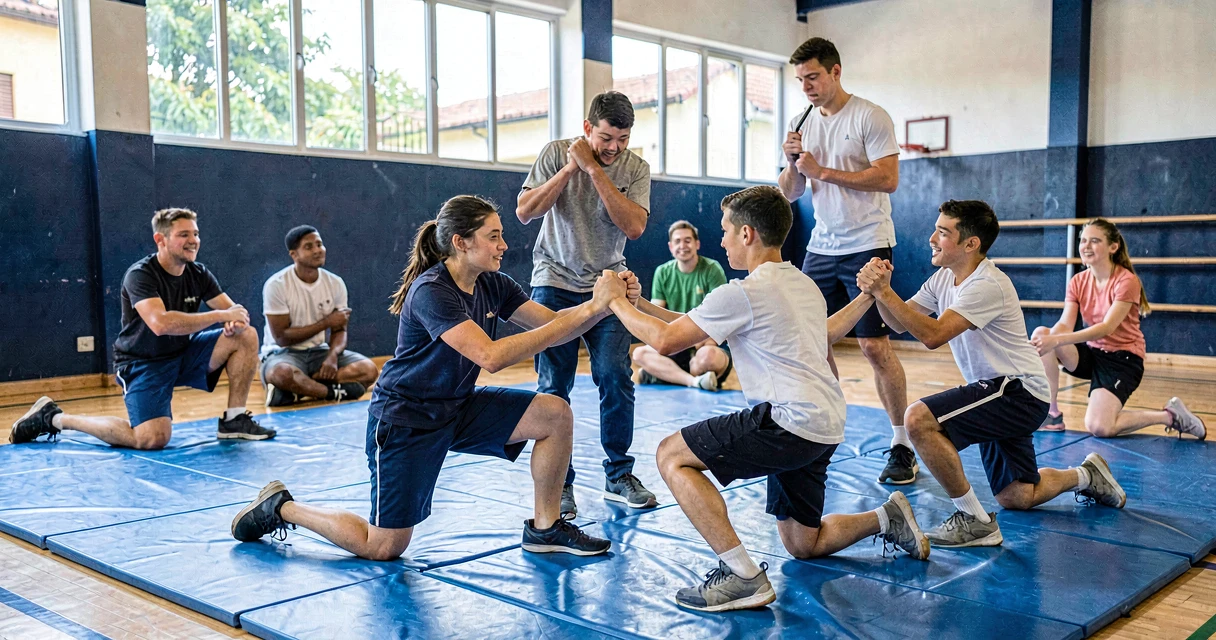 plano de aula esporte de combate: alunos do 9º ano praticando luta de mãos dadas adaptada