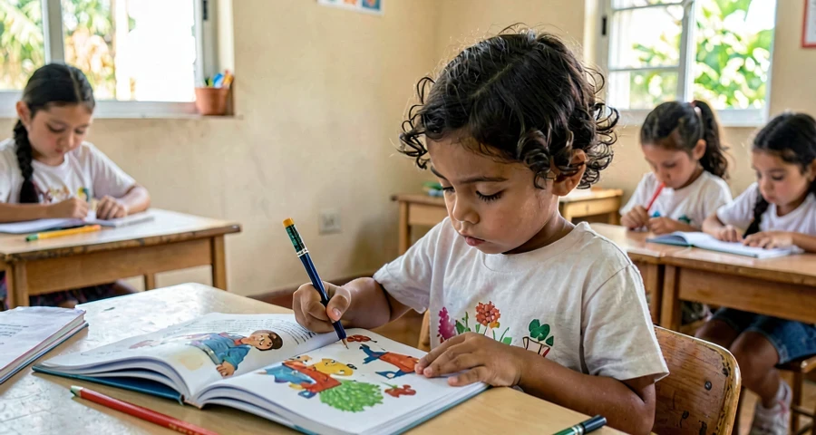 criança da creche folheando livro ilustrado durante atividade de leitura