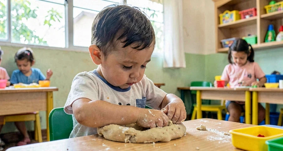 bebê apertando massinha caseira macia durante atividade sensorial na creche