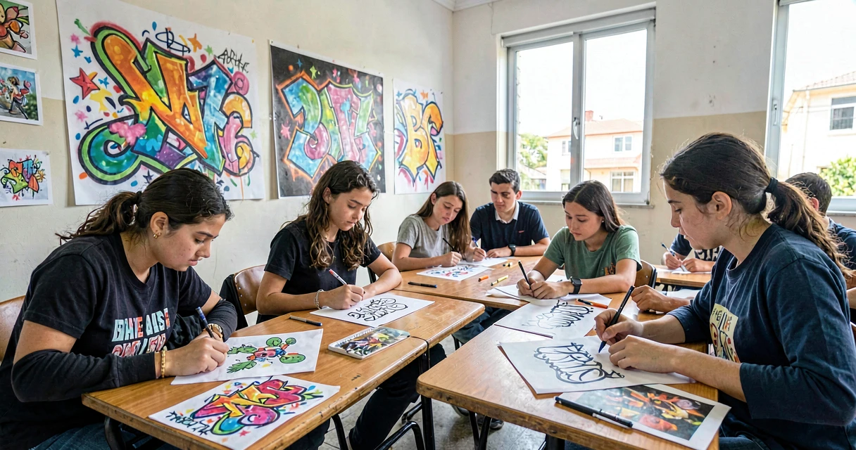 plano de aula grafite: alunos do 9º ano analisando imagens de arte urbana e esboçando letras estilizadas