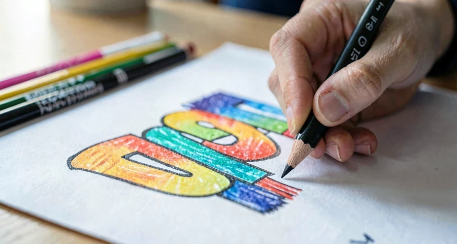 aluno esboçando letra estilizada de grafite com lápis de cor no papel
