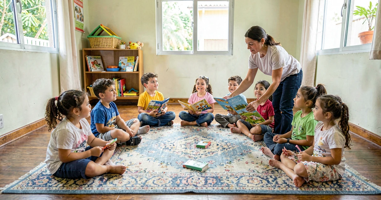 plano de aula capa de livro: crianças da pré-escola observando capa de livro infantil em roda de leitura