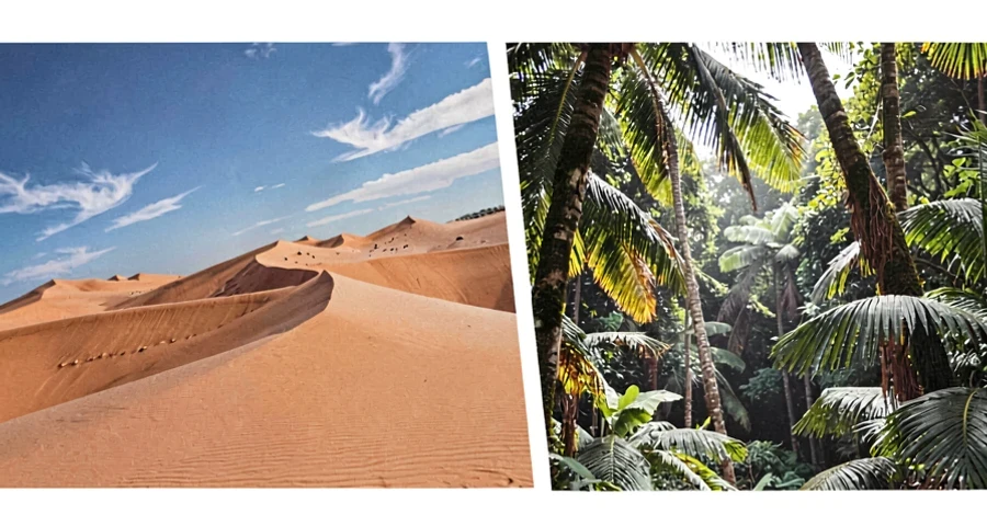 imagens contrastantes de deserto e floresta tropical asiática lado a lado