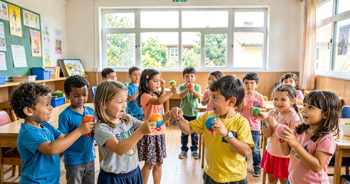 plano de aula sons indígenas: crianças da pré-escola experimentando instrumentos de percussão