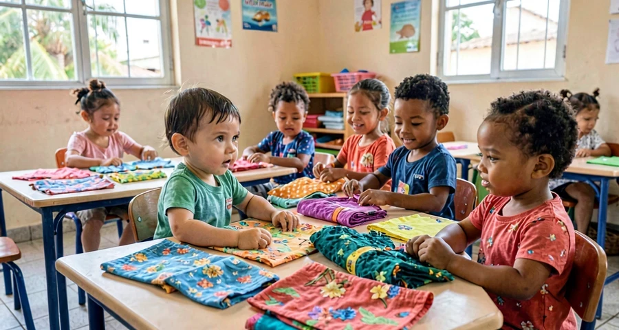 tecidos coloridos para bebês: variedade de texturas em cores vibrantes em atividade de creche