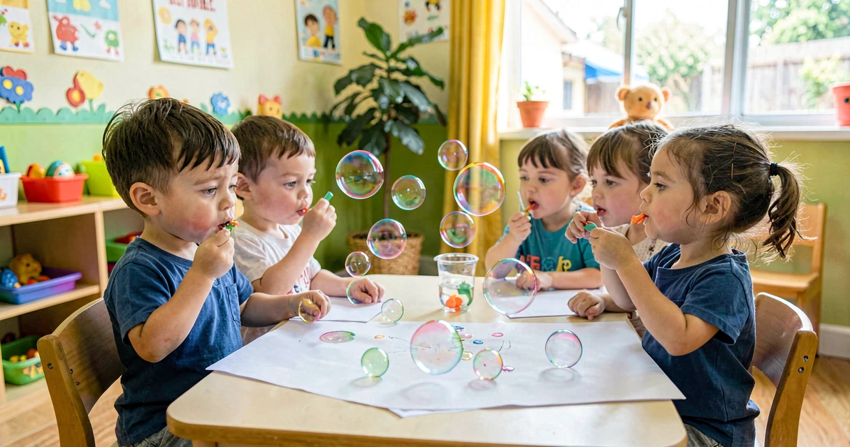 plano de aula bolhas coloridas: crianças da creche soprando bolhas de sabão coloridas sobre papel