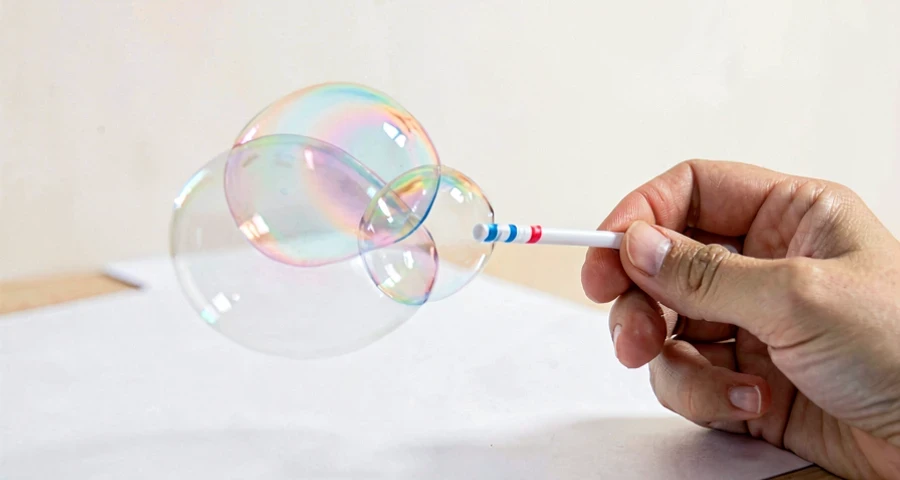 criança da creche soprando bolhas coloridas em atividade artística na creche