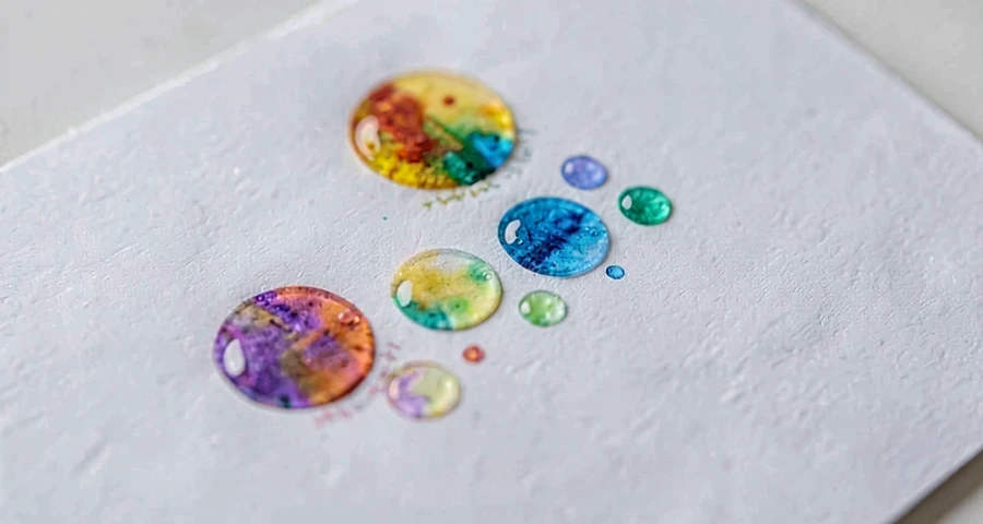 marcas coloridas de bolhas de sabão em papel usado em atividade artística na creche