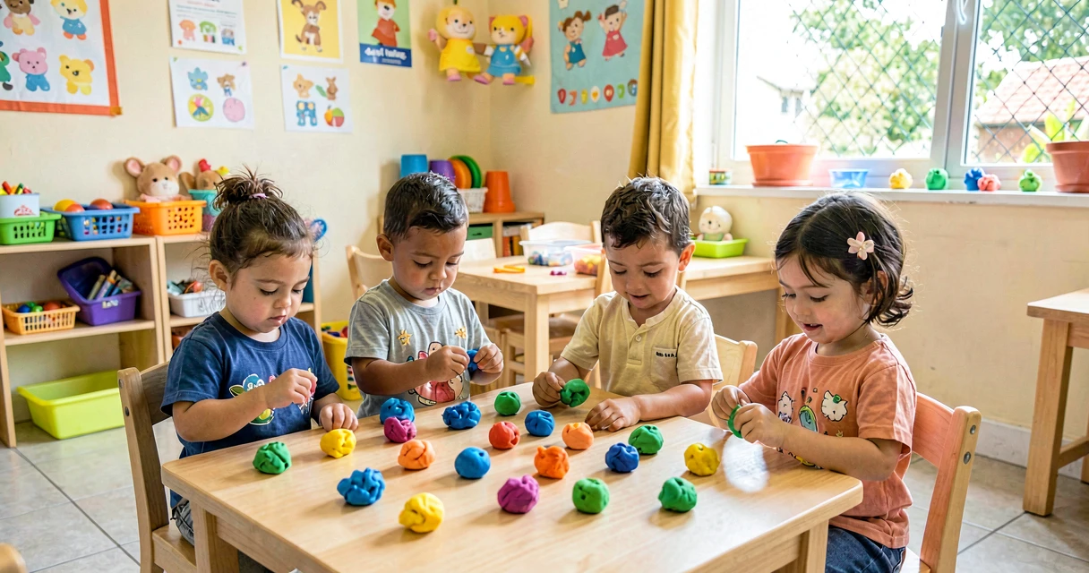plano de aula bolinhas de massinha: crianças da creche enrolando bolinhas de massinha colorida