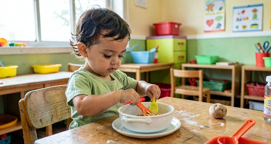 bebê mexendo panela de brinquedo durante atividade de faz de conta na creche