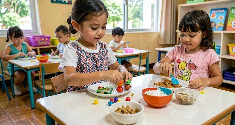 alimentos de brinquedo usados em atividade de faz de conta na creche