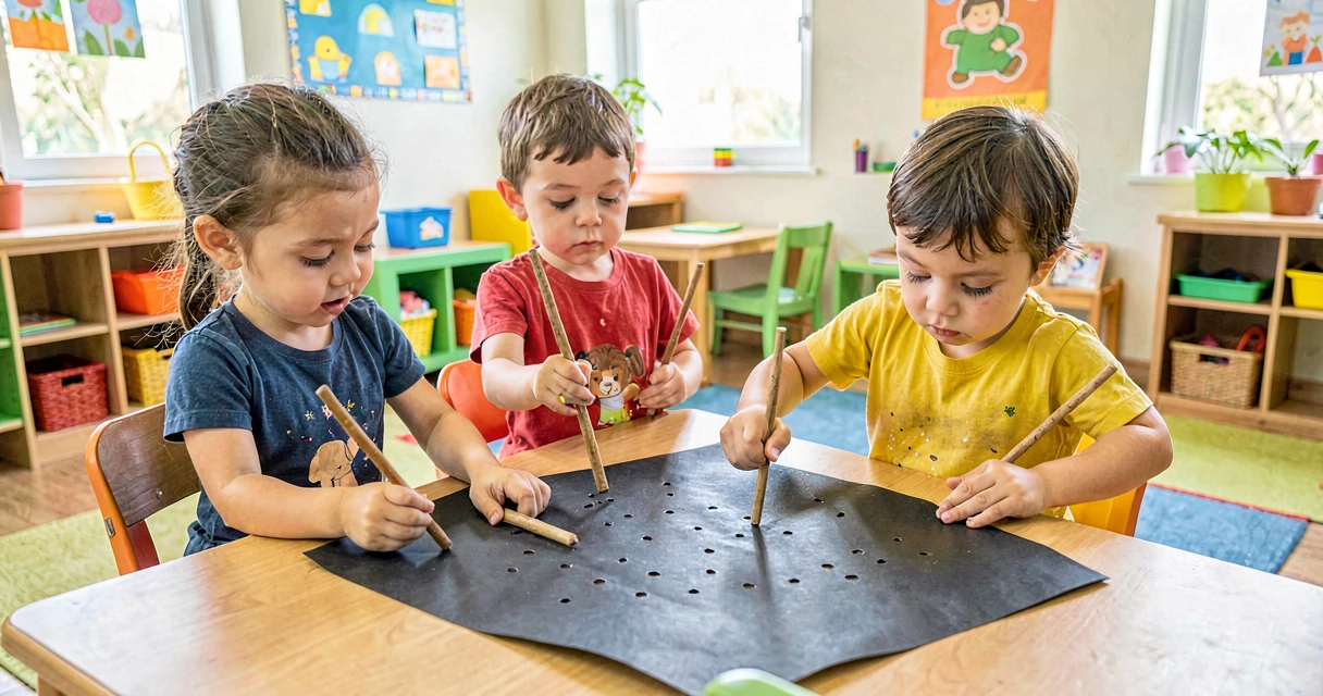 plano de aula estrelinhas furadas: crianças da creche furando papel escuro em atividade artística