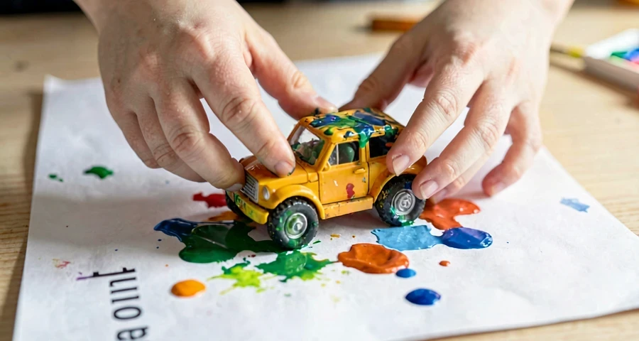 criança da creche empurrando carrinho com tinta em atividade artística na creche