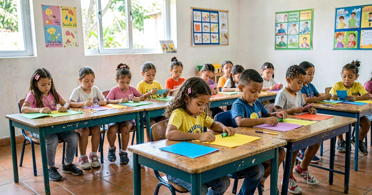 plano de aula origami: crianças da pré-escola dobrando papel colorido em atividade artística