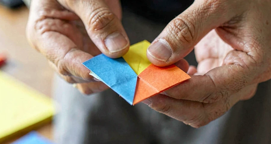 mãos dobrando papel colorido passo a passo em técnica de origami