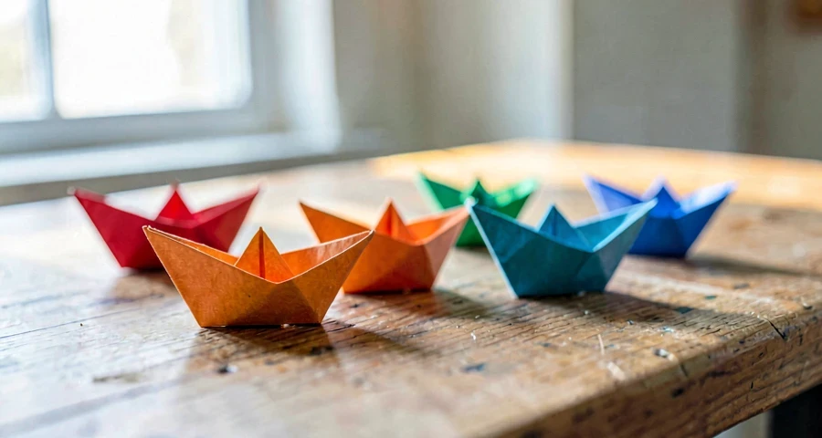 barquinhos de origami coloridos finalizados em atividade artística na pré-escola
