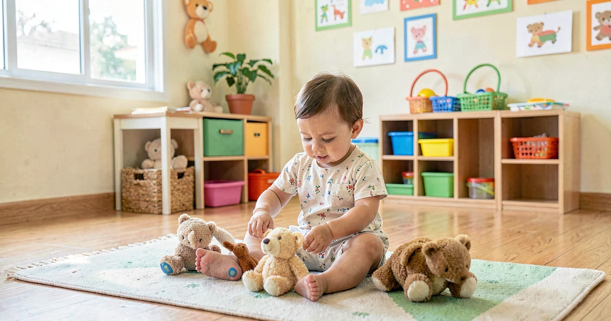 plano de aula bichinhos de pelúcia: bebê da creche explorando bonecos de animais