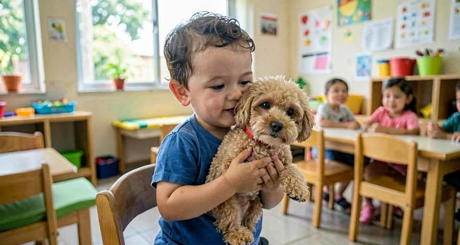 bebê segurando boneco de cachorro durante atividade sensorial na creche