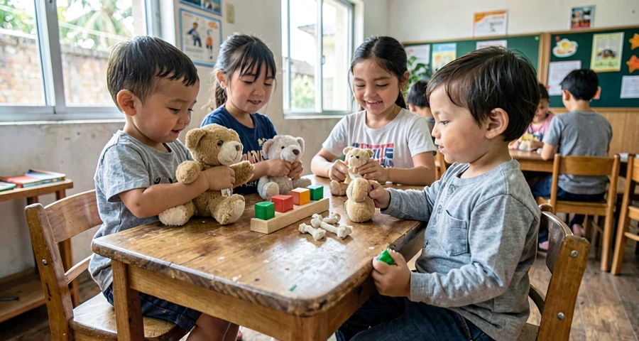 bonecos de animais de pelúcia usados em atividade sensorial com bebês na creche