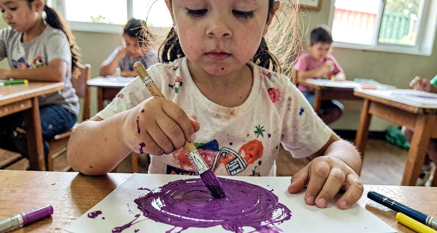 Exploração de tinta caseira: mãos de criança bem pequena com pincel em tinta roxa natural de beterraba durante atividade artística