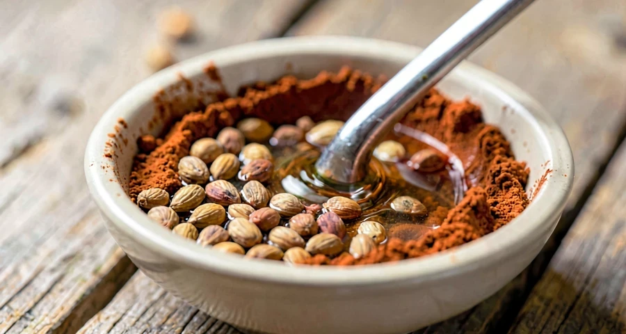 pigmento natural de urucum sendo misturado com água para fazer tinta