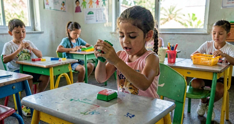criança da creche escondendo objeto durante atividade de truque simples