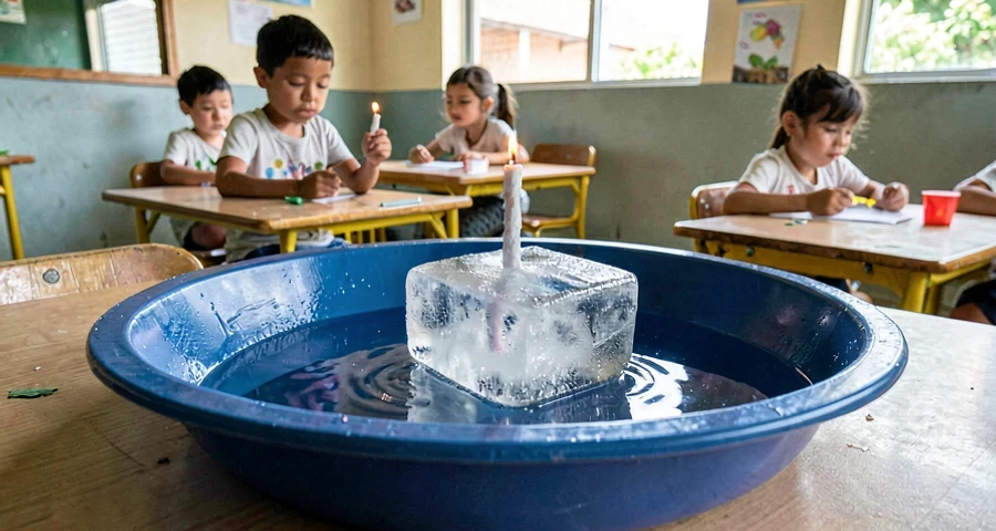 barquinho de gelo com vela de papel flutuando em bacia de água na creche