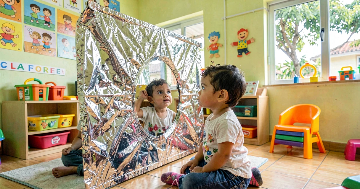 plano de aula espelho de papel alumínio: criança da creche observando reflexo em papel alumínio