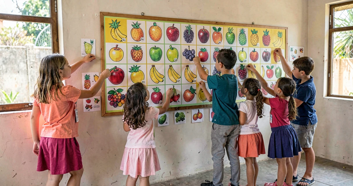 plano de aula gráfico de frutas: crianças da pré-escola votando em fruta favorita com adesivos