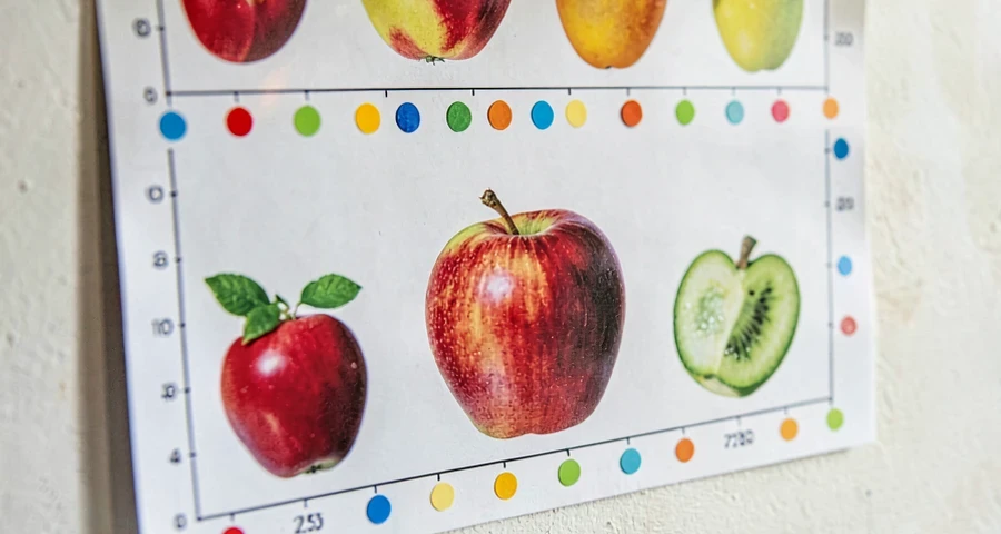 cartaz de gráfico simples com imagens de frutas e adesivos coloridos