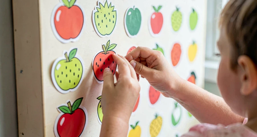 criança colando adesivo em coluna de gráfico de frutas favoritas