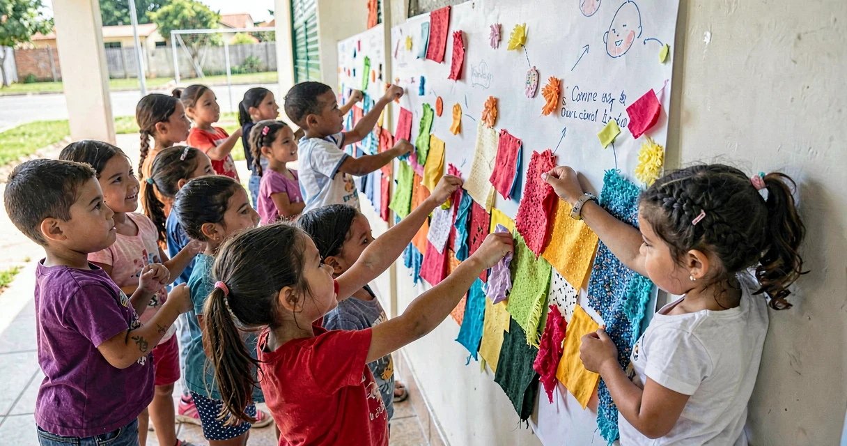 plano de aula mural coletivo: crianças da pré-escola colando retalhos de tecido em mural