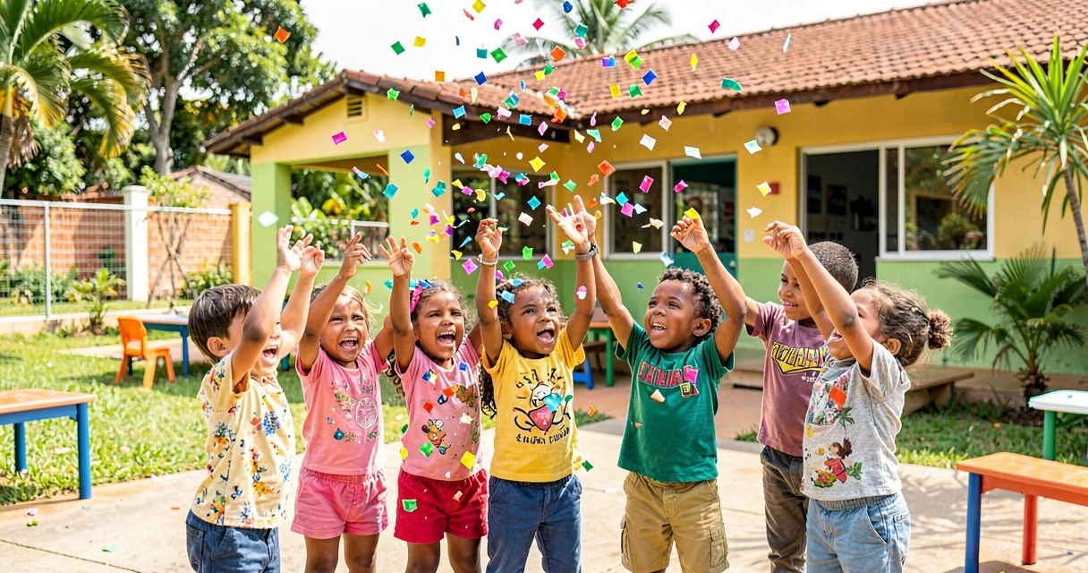 plano de aula chuva de confete: crianças da creche jogando confete colorido no ar