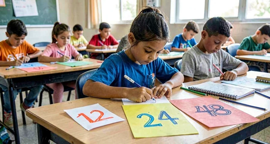 Dobradura de papel: frações equivalentes 1/2, 2/4 e 4/8 representadas visualmente com cores