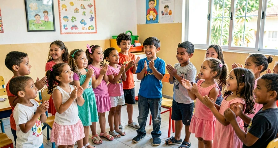 crianças da creche aplaudindo colega durante apresentação de movimento