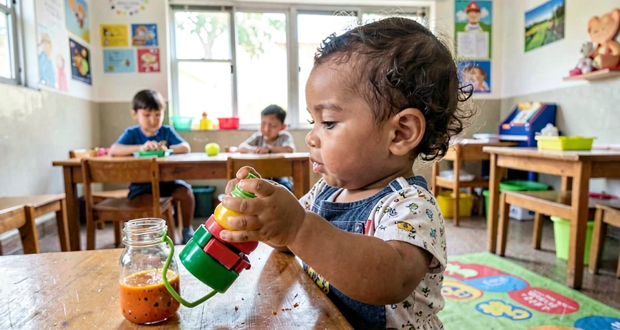 garrafa sensorial colorida explorada por bebê em atividade na creche