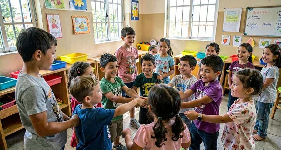 mãos dadas de crianças em roda durante cantiga tradicional na creche